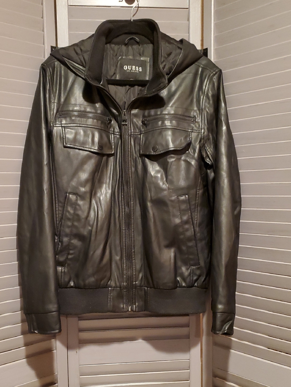 GUESS Men's Faux Leather Black Bomber Jacket Hooded Zip Stand Collar Size M